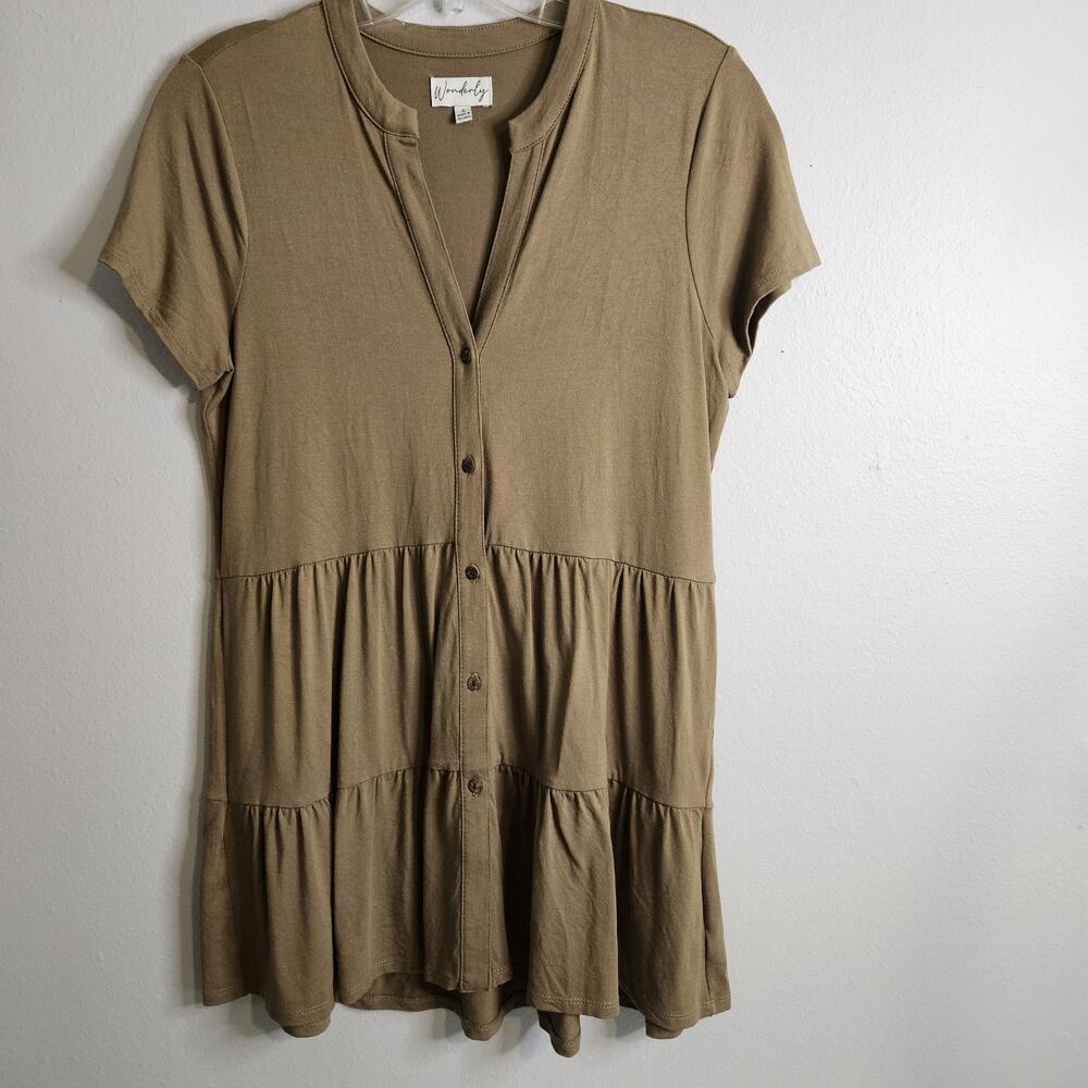 Wonderly Women's S Tiered Tunic Top Brown Button Down Short Sleeve V-neck Flowy